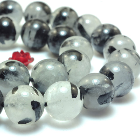 Natural Black Rutilated Quartz smooth round beads gemstone wholesale jewelry 15"