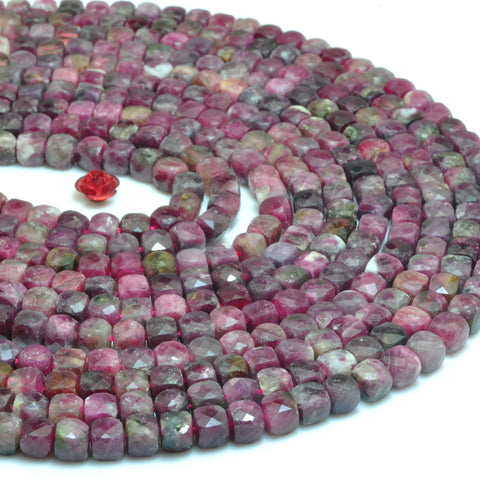 YesBeads Natural Pink Tourmaline gemstone faceted cube loose beads wholesale jewelry making 15"