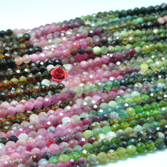 YesBeads Natural Watermelon Tourmaline faceted round beads rainbow gemstone wholesale jewelry 15"