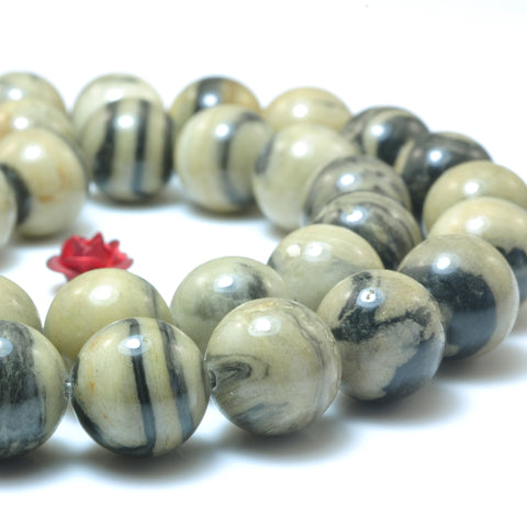 YesBeads Natural Black Zebra jasper smooth loose round beads gemstone wholesale jewelry 15"