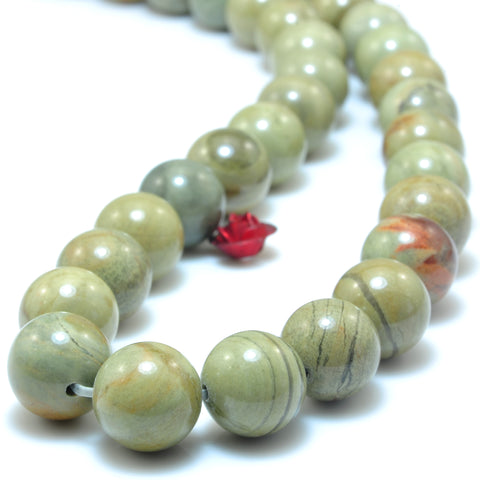 Natural Silver Leaf jasper smooth round beads wholesale green gemstone jewelry making bracelet necklace diy