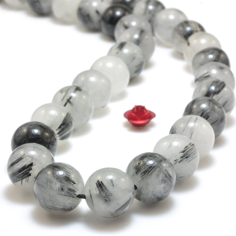 YesBeads Natural Black Rutilated Quartz smooth round loose beads wholesale gemstone jewelry 15"