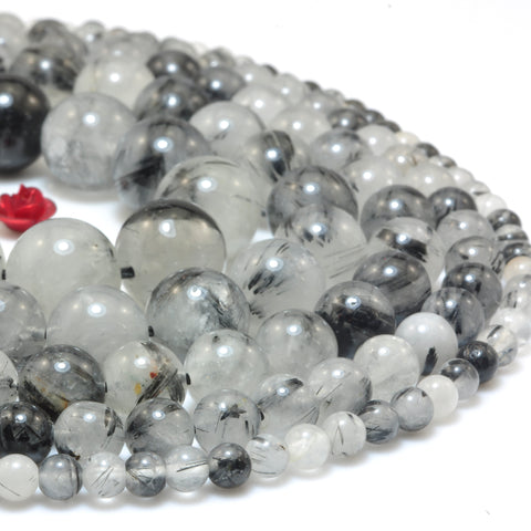 YesBeads Natural Black Rutilated Quartz smooth round loose beads wholesale gemstone jewelry 15"