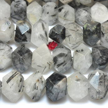 YesBeads Natural Black Rutilated Quartz faceted nugget chunk beads wholesale gemstone jewelry making 15"