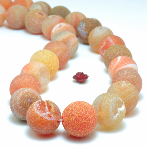 YesBeads Orange Druzy Agate matte round loose beads wholesale gemstone jewelry 15"