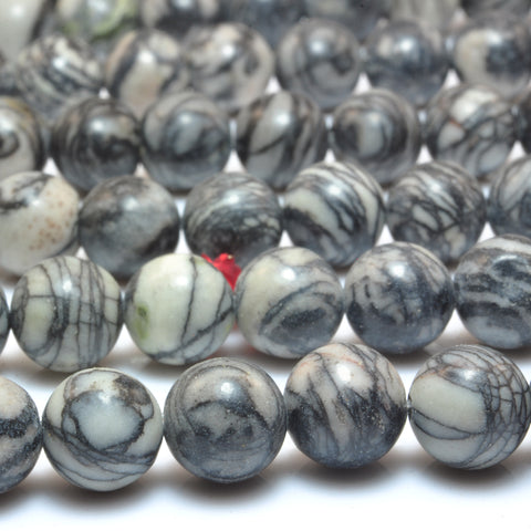 YesBeads Natural Black Line Jasper smooth round beads silk stone spider web jasper wholesale gemstone jewelry 15"