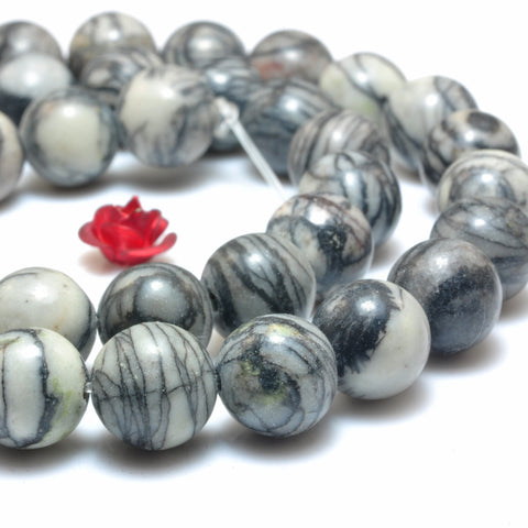 YesBeads Natural Black Line Jasper smooth round beads silk stone spider web jasper wholesale gemstone jewelry 15"