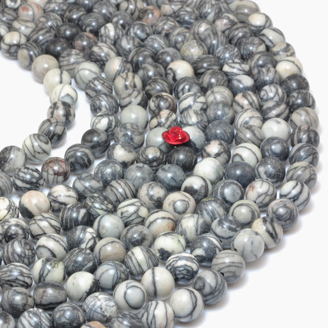 YesBeads Natural Black Line Jasper smooth round beads silk stone spider web jasper wholesale gemstone jewelry 15"