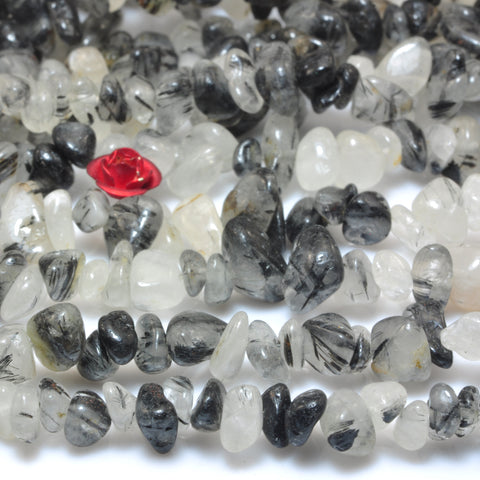 YesBeads Natural Black Rutilated Quartz smooth pebble chips beads wholesale gemstone jewlery 35inches