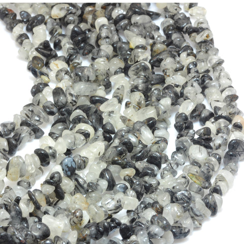 YesBeads Natural Black Rutilated Quartz smooth pebble chips beads wholesale gemstone jewlery 35inches