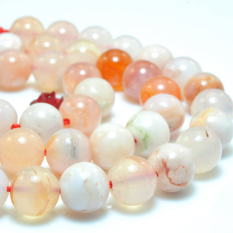 YesBeads Natural Cherry Blossom Agate smooth round loose beads wholesale pink gemstone jewelry 15"