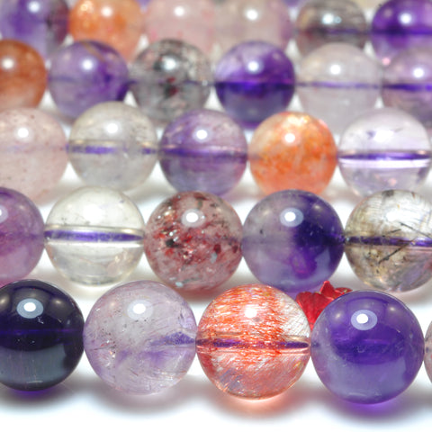 YesBeads Natural Super Seven Cacoxenite Amethyst smooth round loose beads super 7 crystal wholesale gemstone 15"