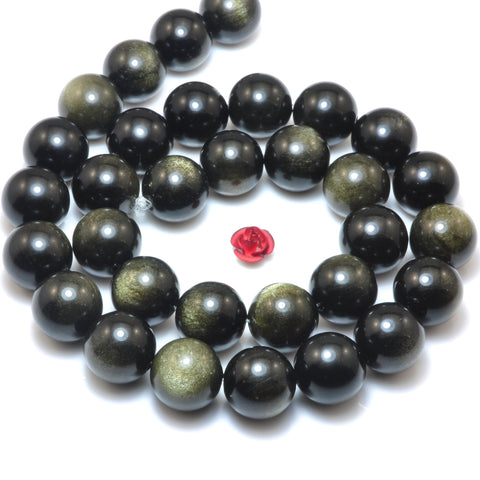 YesBeads Natural black golden obsidian smooth round loose beads gemstone wholesale jewelry bracelet design 15"