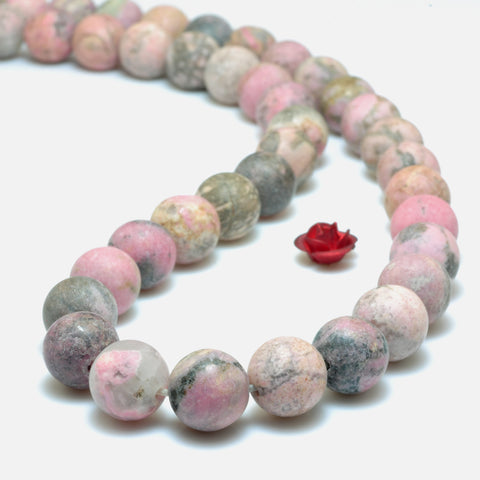YesBeads Natural Pink Rhodonite matte round beads wholesale gemstone  jewelry making 15"