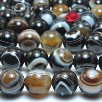 YesBeads Natural black eye agate smooth round loose beads black and brown banded agate gemstone wholesale jewelry making  15"