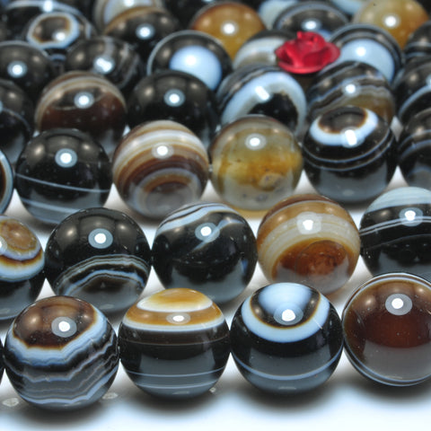 YesBeads Natural black eye agate smooth round loose beads black and brown banded agate gemstone wholesale jewelry making  15"