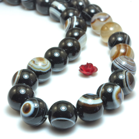 YesBeads Natural black eye agate smooth round loose beads black and brown banded agate gemstone wholesale jewelry making  15"