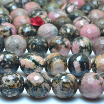 YesBeads natural black banded Rhodonite faceted round loose beads gemstone wholesale jewelry making 15"