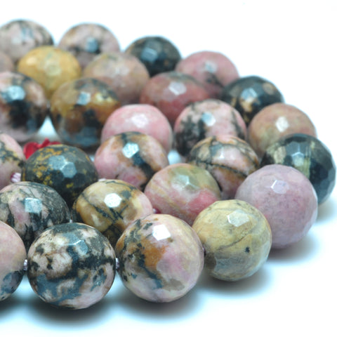 YesBeads natural black banded Rhodonite faceted round loose beads gemstone wholesale jewelry making 15"