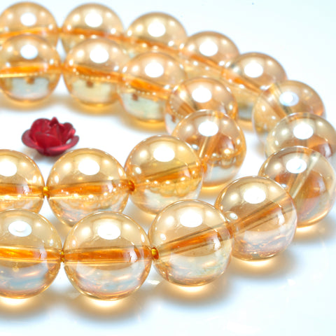 YesBeads Titanium Orange Rock Crystal smooth round loose beads gemstone wholesale jewelry making 15"