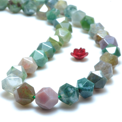 YesBeads Natural Indian Agate star cut faceted nugget loose beads wholesale green gemstone jewelry making 15"