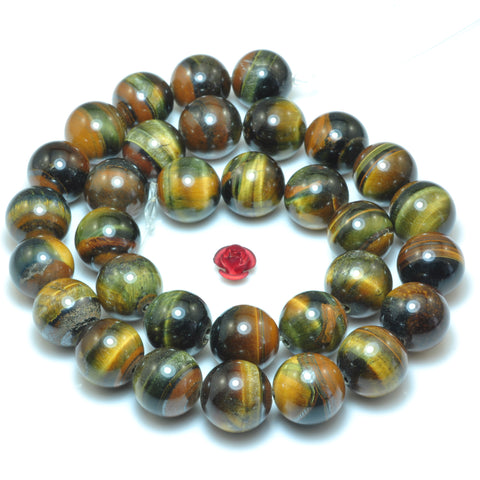 YesBeads natural golden blue Tiger Eye stone smooth round loose beads wholesale gemstone jewelry making 12mm 15"
