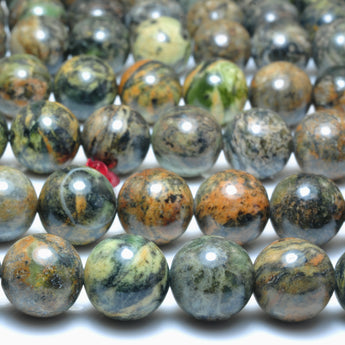 YesBeads natural orange green Dendritic Jade smooth round loose beads wholesale gemstone jewelry making 10mm 15"