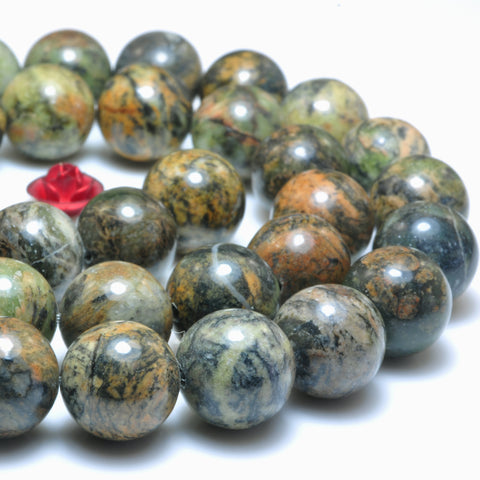 YesBeads natural orange green Dendritic Jade smooth round loose beads wholesale gemstone jewelry making 10mm 15"