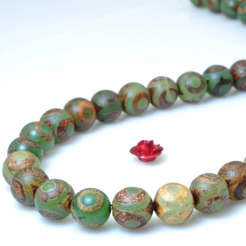 YesBeads Tibetan Agate Dzi three eyes green and brown matte round beads wholesale gemstone jewelry