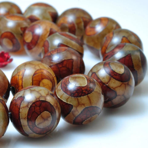 32 pcs of Brown Retro Tibetan Agate three-eyes smooth round beads in 12mm