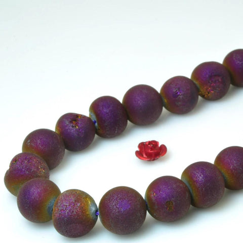YesBeads Purple Druzy Agate titanium coated agate matte round loose beads wholesale gemstone jewelry making 15"