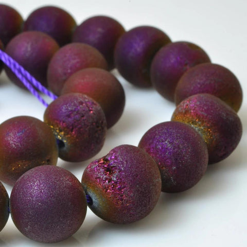 YesBeads Purple Druzy Agate titanium coated agate matte round loose beads wholesale gemstone jewelry making 15"