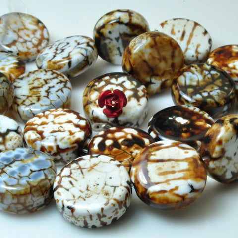 20 pcs of Retro Fire Agate smooth coin beads in 17-19mm length