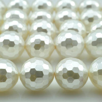 YesBeads White Shell Pearl faceted round beads wholesale gemstone jewelry making 6mm-14mm