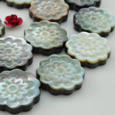 YesBeads Black Shell carved  flower coin beads wholesale gemstone jewelry making