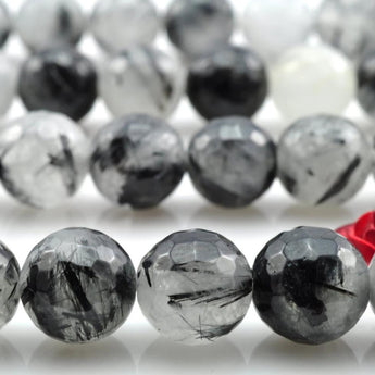 YesBeads Natural Black Rutilated Quartz faceted round beads wholesale gemstone jewelry