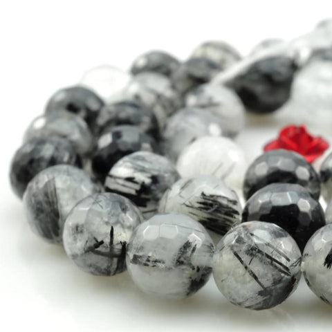 YesBeads Natural Black Rutilated Quartz faceted round beads wholesale gemstone jewelry