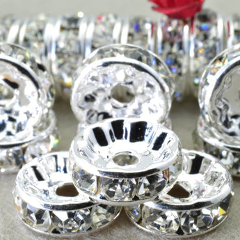 YesBeads 100pcs Silver plated clear crystal rhinestone rondelle spacer beads wholesale findings jewelry-Straight Edge