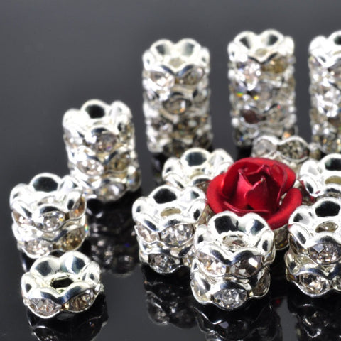 50 pcs of Silver plated Rhinestone flower beads  in 6mm diameter X 4mm Thick