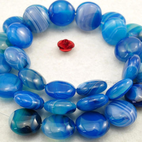 YesBeads Blue Banded Agate smooth coin beads wholesale gemstone jewelry 12mm 15"