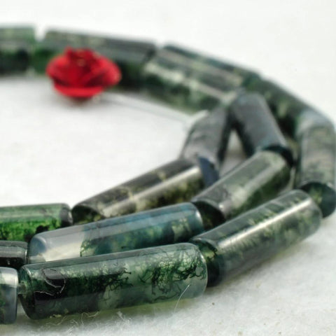 YesBeads Natural green moss agate smooth Tube Cylinder beads wholesale gemstone jewelry making 15"