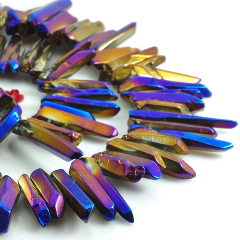 YesBeads 15 inches Polished Titanium Coated Mystic Drilled Crystal，Quartz Points，smooth gemstone, pendant beads ,Dark Blue with some purple Color