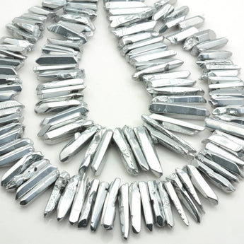 YesBeads 15 inches Polished Titanium Coated Mystic Drilled Crystal,Quartz Points,smooth gemstone ,spike tower beads  , Silver Color