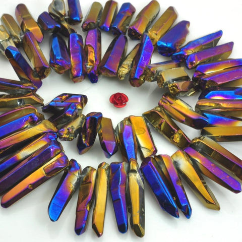 YesBeads 15 inches Polished Titanium Coated Mystic Drilled Crystal，Quartz Points，smooth gemstone,spike tower beads,Dark Blue with some purple Color
