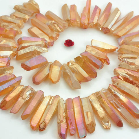 YesBeads 15 inches Matte Titanium Coated Mystic Drilled Crystal,Quartz Points，Rough Dagger  ,spike tower beads ，Copper Peach Orange Color