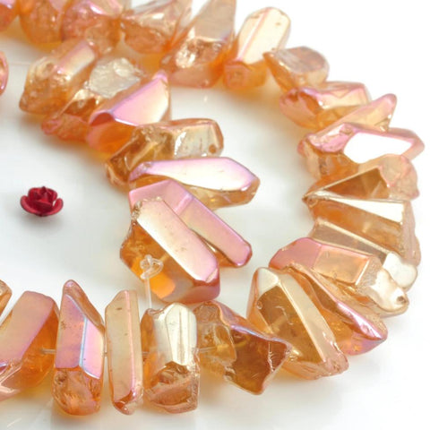YesBeads 15 inches Polished Titanium Coated Mystic Drilled Crystal，Quartz Points，smooth gemstone ,Nugget beads ,Copper Peach Orange Color