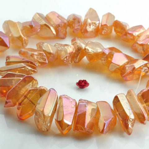 YesBeads 15 inches Polished Titanium Coated Mystic Drilled Crystal，Quartz Points，smooth gemstone ,Nugget beads ,Copper Peach Orange Color