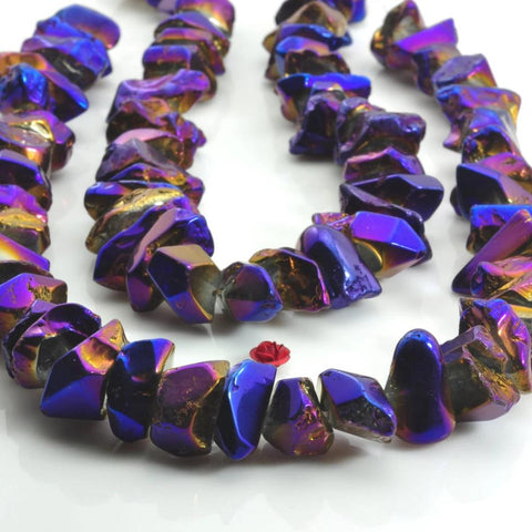 YesBeads 15 inches Polished Titanium Coated Mystic Drilled Crystal，Quartz Points，Smooth gemstone ,Nugget beads ,Dark Blue with some purple Color
