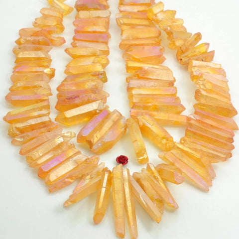 YesBeads 15 inches Dyed Matte Titanium Coated Mystic Drilled Crystal，Quartz Points，Rough spike tower beads，Orange Color
