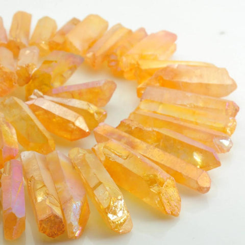 YesBeads 15 inches Dyed Matte Titanium Coated Mystic Drilled Crystal，Quartz Points，Rough spike tower beads，Orange Color